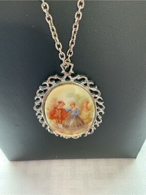 Fragonard Signed Porcelain “Courting Couple” Portrait Silver Tone Necklace